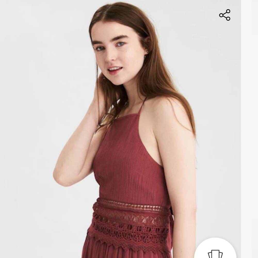 American Eagle Outfitters Maroon Festival Halter Crochet-Trim Crop Top